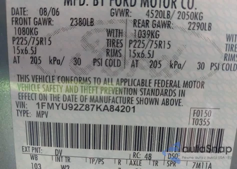 2007 Ford Escape Xls/Xls Manual z USA, uszkodzony, nr VIN 1FMYU92Z87KA84201